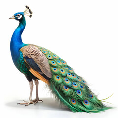 Obraz premium A stunning peacock showcases its vibrant plumage against a white background.
