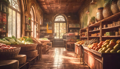 Fototapeta premium Grocery store, fruit, vegetables, basket, old atmosphere, traditional, sales, shopping, window, store interior, illustration