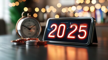 A modern clock displays the year 2025 beside a traditional clock and coins, set against a blurred background of lights.