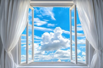 A serene view of fluffy clouds and blue sky through an open window with flowing curtains.