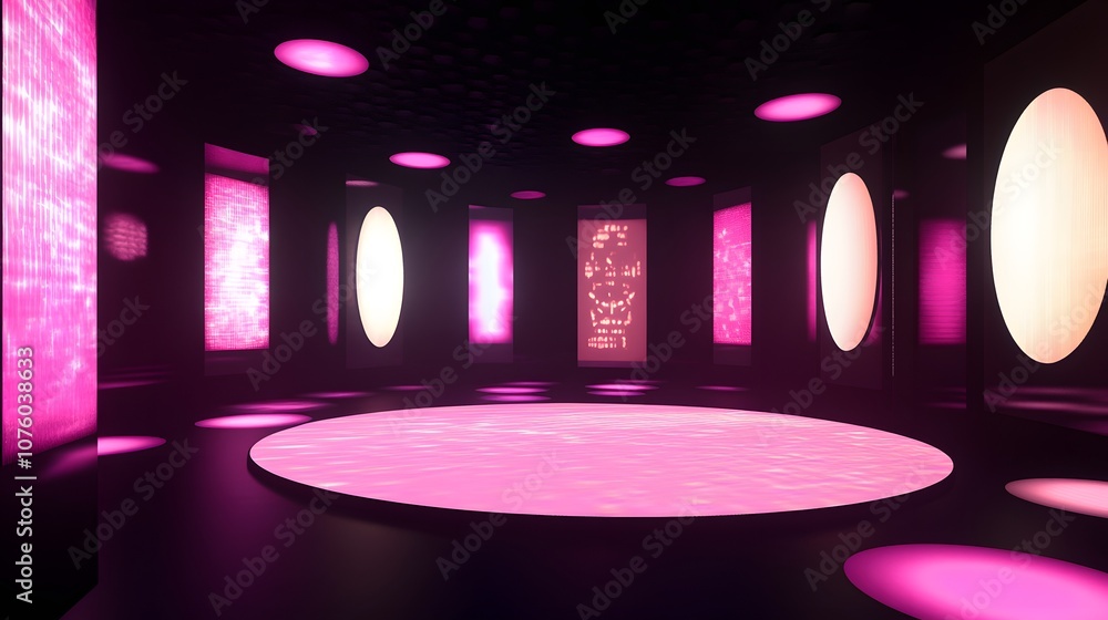 Poster 45. a futuristic 3d space with glowing circular panels and a central empty area for product placemen