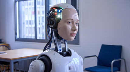 A humanoid robot with exposed wiring and a realistic face, standing in an indoor setting. The robot's head features visible circuits and lights, and its body is metallic with a control panel.