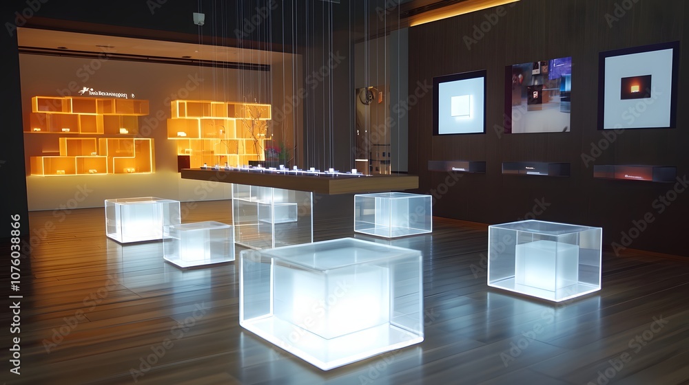 Poster 46. a stylish 3d display with floating transparent cubes, dynamic lighting, and ample space for a pr