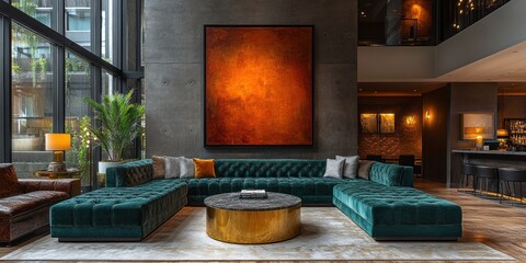 Modern living room with a large green sectional sofa, a coffee table, and an abstract painting above the sofa.