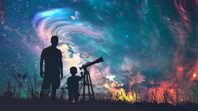 Silhouette kids and father watching milky way using telescope