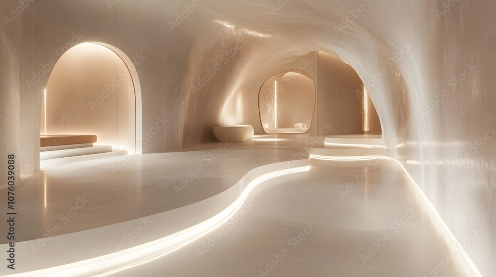 Poster 47. a minimalist 3d space with soft glowing lights, abstract textures, and a large open space for pr