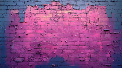 Obraz premium Urban Texture: A weathered brick wall painted in vibrant pink and purple hues, showcasing the raw beauty of urban decay and the artistry of street art. 