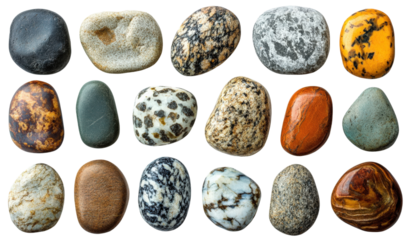 Collection of colorful pebbles on a white isolated background.