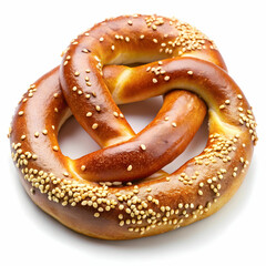 A delicious pretzel topped with sesame seeds is showcased against a white background.