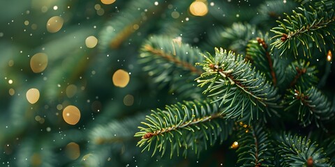 Beautiful Christmas Background with green fir tree brunch close up. Copy space