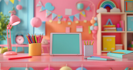Fototapeta premium Bright and cheerful kids desk with tablet mockup in a colorful playroom, perfect for online learning or creative projects.