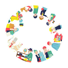 ショッピングする人々　フラットデザイン　円　内側