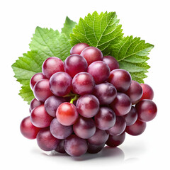 Fototapeta premium A cluster of red grapes with a vibrant green leaf is isolated against a white background.