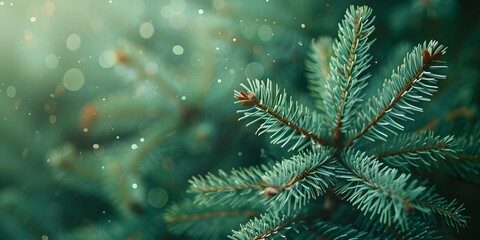 Beautiful Christmas Background with green fir tree brunch close up. Copy space