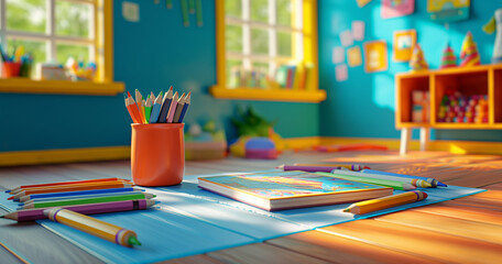 Colorful pencils and a drawing pad on a desk in a sunny playroom.