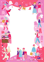 ショッピングする人々　フラットデザイン　A3　ピンク