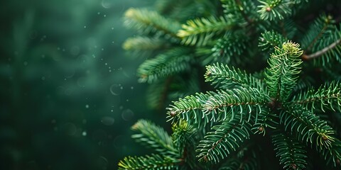 Beautiful Christmas Background with green fir tree brunch close up. Copy space