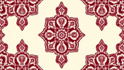 Maroon wallpaper with a white damask pattern, adding classic elegance to interiors.