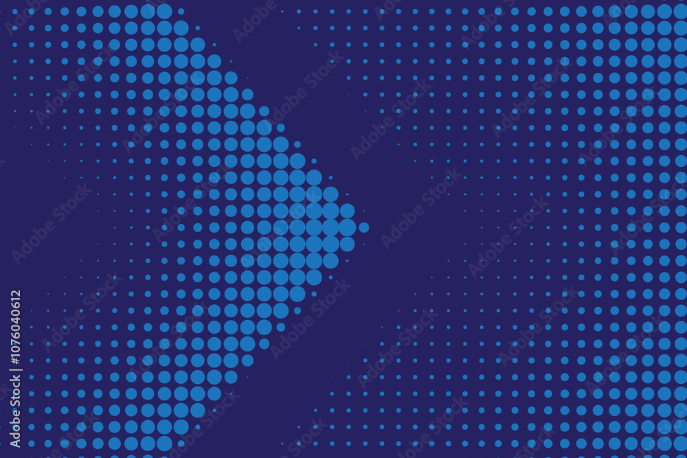 Poster abstract arrow created from dots, halftone effect illustration. retro blue halftone style arrow as a