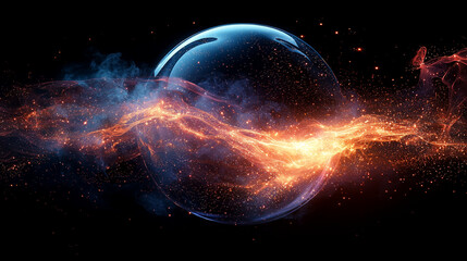 Obraz premium Cosmic Inferno: A mesmerizing sphere of energy, engulfed in a fiery cosmic explosion. Glowing nebulae and swirling plasma create a breathtaking spectacle of celestial power. 