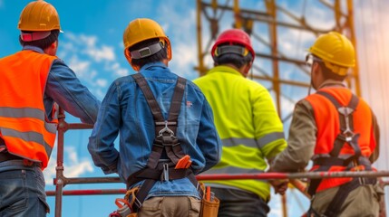 Construction Workers at Skyscraper Site Under Cloudy Sky