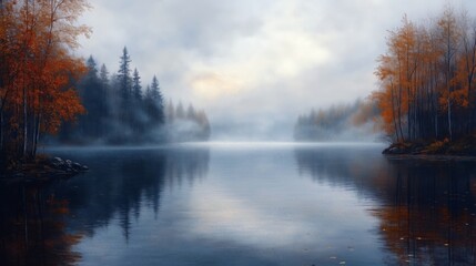 Misty Autumn Lake Under a Tranquil Morning Sky