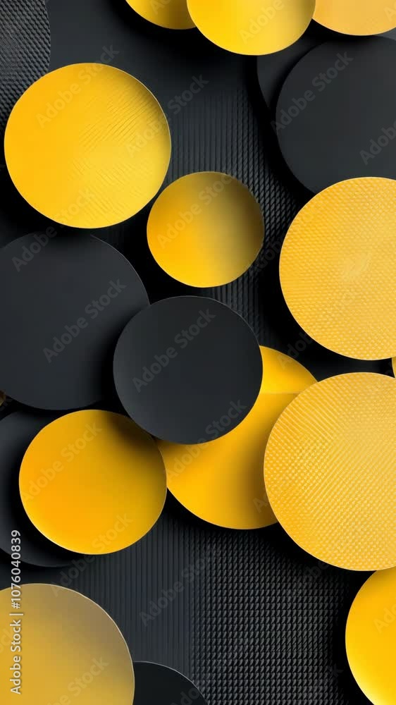 Poster a collection of overlapping yellow and black circles with a textured background