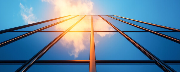 A stunning view of a modern skyscraper reaching towards a blue sky with clouds.