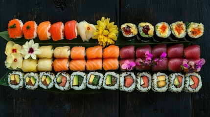 Fresh Sushi and Rolls Arrangement on Dark Background