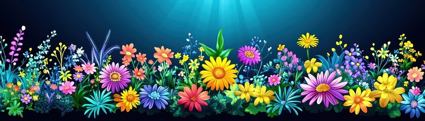 A vibrant illustration of a colorful flower border with various types of blossoms.