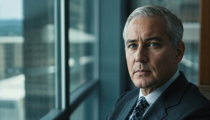 Fototapeta premium Confident Businessman Posing by Office Window in Corporate Setting
