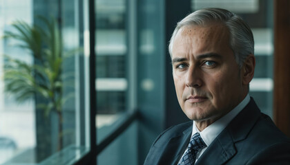 Fototapeta premium Confident Businessman Posing by Office Window in Corporate Setting