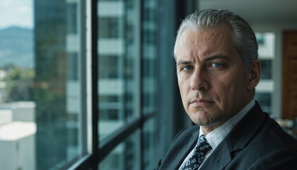 Confident Businessman Posing by Office Window in Corporate Setting