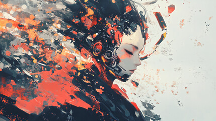 Digital, futuristic, stylish and cool Japanese anime-style illustrations that seem to be inspired by generative AI.