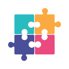 Fototapeta premium Colorful puzzle pieces icon interconnected, symbolizing teamwork, solutions, and collaboration.