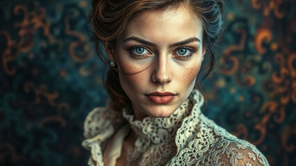 Elegant Woman in Lace Dress with Artistic Background