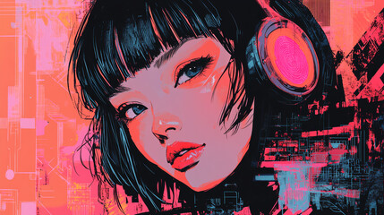 Digital, futuristic, stylish and cool Japanese anime-style illustrations that seem to be inspired by generative AI.