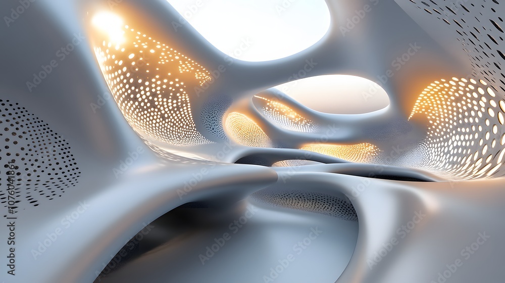 Poster 28. a 3d futuristic scene with soft glowing lights and dynamic patterns, leaving a clear spot for a 