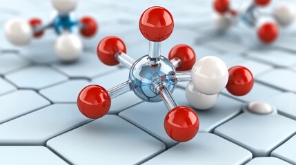 3D Molecular Structure Red White and Blue Atoms on Hexagon Pattern