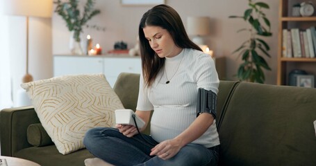 Blood pressure, monitor and health with pregnant woman on sofa for hypertension, medical and check....