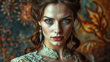 Fototapeta premium Elegant Woman in Lace Dress with Artistic Background