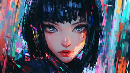 Digital, futuristic, stylish and cool Japanese anime-style illustrations that seem to be inspired by generative AI.