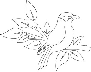 Line art drawing of shrike bird sit at lush tree branch. Abstract simple bird illustration, bird coloring page.