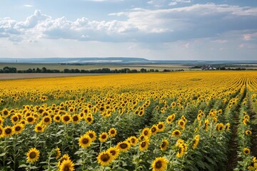 Obraz premium Bright yellow sunflower fields stretching towards the horizon, fields, nature scene, blooming, flowers