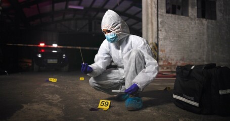 Woman, swab and danger investigation at crime scene, blood sample and discovery of dna marker....