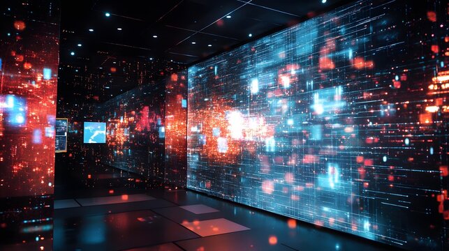 29. A high-tech digital display with holographic effects and ambient lighting, providing ample space for a product.