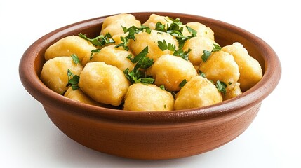 Rustic Bowl of Golden Dumplings with Herb Garnish