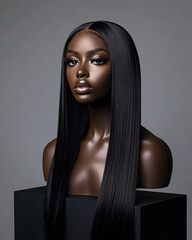 beautiful black woman with long straight hair on black background