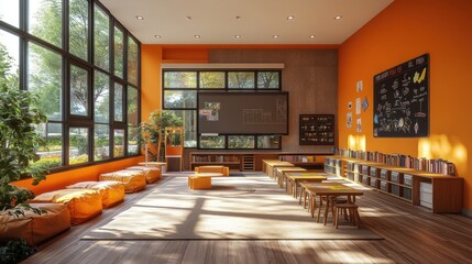 Bright, modern classroom with seating and learning resources.