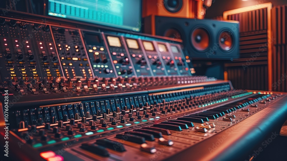 Poster high-end audio equipment setup in a sleek, modern studio, ambient lighting casting soft glows on pol